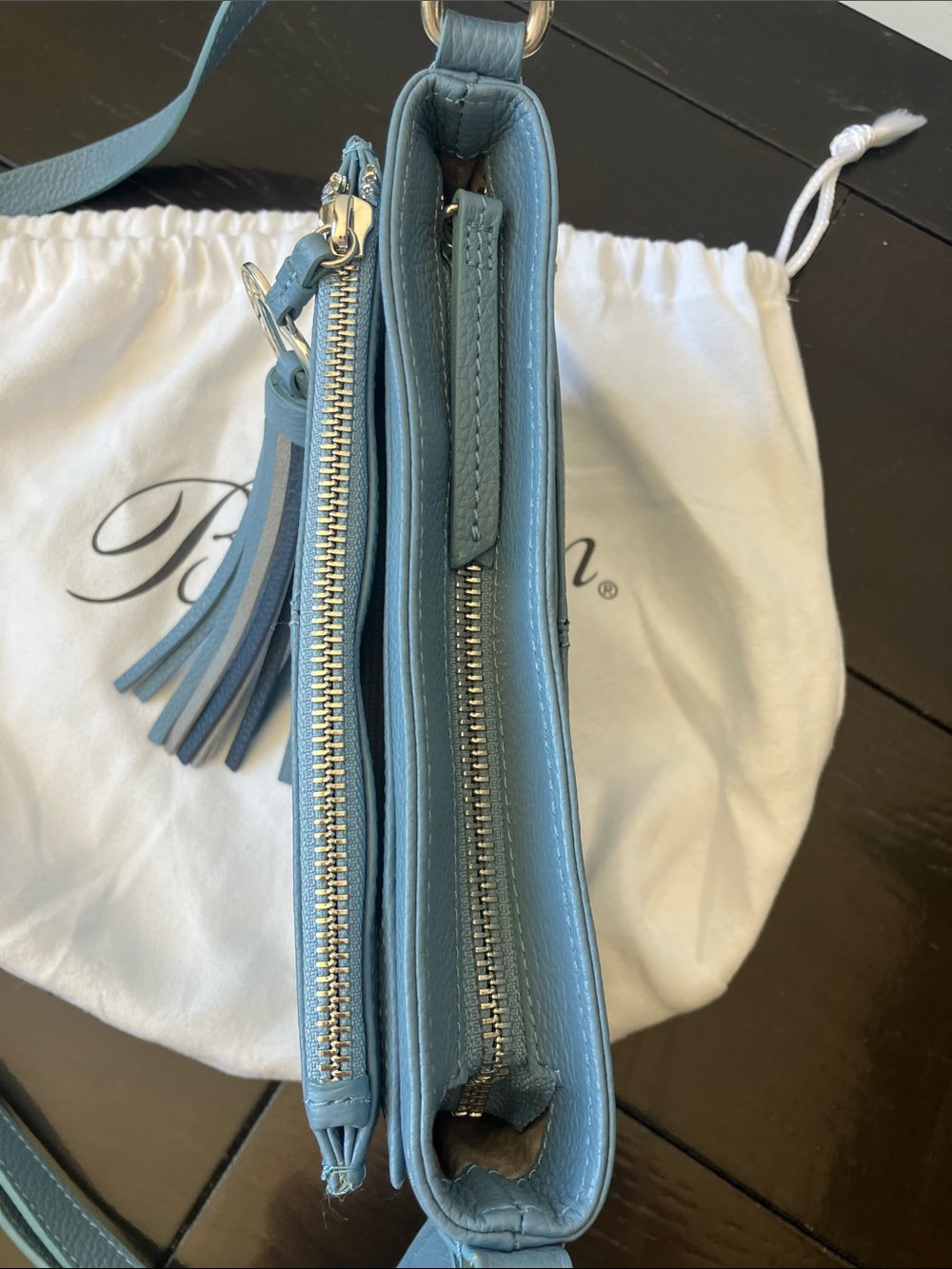 BRIGHTON Barbados City Organizer Blue Pebble Leather Heart-Adorned Tassel NWOT - Picture 8 of 13